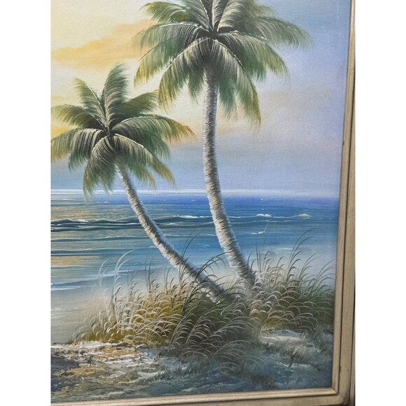 Framed Coastal ocean Landscape Painting With Lighthouse Palm Trees 31x27" READ - Picture 9 of 14